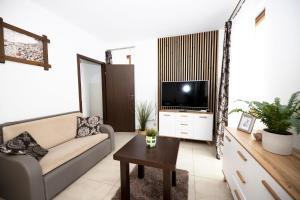 a living room with a couch and a tv at Apartament IKAR blisko morza in Rewal