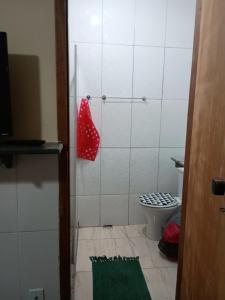 a bathroom with a shower with a toilet and a green rug at Casa Hum com cozinha americana in Araruama +25 photos