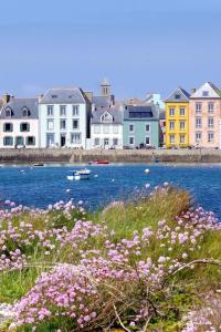 a group of houses and flowers next to a body of water at Gîte les Hirondelles in Plouhinec