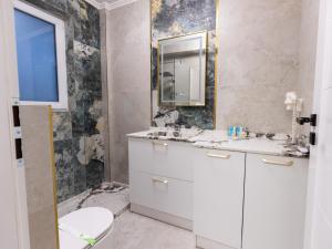 a bathroom with a toilet and a sink and a mirror at Nubia Central Apartments in Bistriţa +24 photos