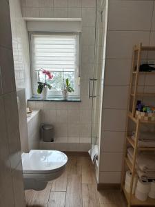 a bathroom with a toilet and a window with plants at Am Oberpark in Bad Muskau +2 photos