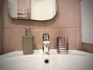 a bathroom sink with a soap dispenser on it at Kyiv Lesi 3 Studio Apartment in Kyiv +15 photos