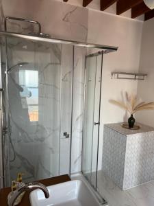 a glass shower in a bathroom with a sink at Casa Mariscal Polopos in Polopos