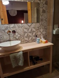 a bathroom counter with a sink and a mirror at B&B Biej' oons tuus in Hellendoorn +15 photos