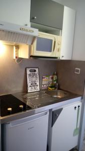 a small kitchen with a sink and a microwave at Les Clés Nature Studio 42 in Moutiers-sous-Chantemerle