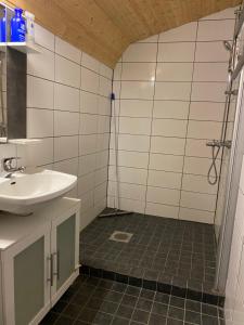 a bathroom with a sink and a shower at Kartano Kievari in Äänekoski
