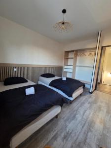 two beds in a bedroom with a chandelier at Casa chic in Saint-Dizier