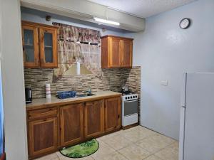 a kitchen with wooden cabinets and a white stove top oven at Corosol Apartments in Roseau +13 photos