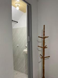 a glass shower door with a wooden pole in a bathroom at Green duplex cottage in Camocim in Camocim