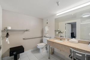 a bathroom with a toilet and a sink and a mirror at Ramada by Wyndham Temple Terrace/Tampa North in Tampa