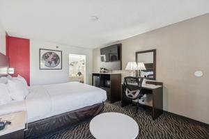 a hotel room with a bed and a desk at Ramada by Wyndham Temple Terrace/Tampa North in Tampa