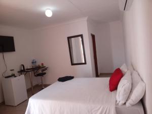 a bedroom with a white bed with a red pillow at Zindi Zindiza Lodge in Sandrivier