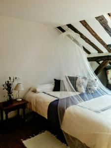 - une chambre avec un lit et une moustiquaire dans l'établissement Hostal Refugio De Gredos, à Navarredonda de Gredos