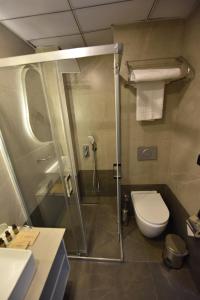 a bathroom with a shower with a toilet and a sink at Anemon Grand Şanlıurfa in Göktepe