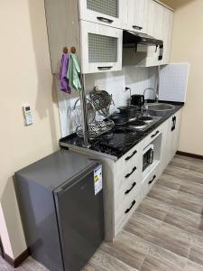 a kitchen with a sink and a stove top oven at Tashkent apart hotel in Tashkent