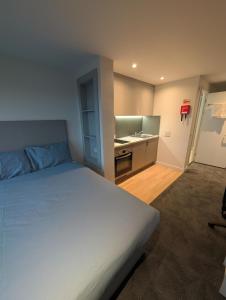 a bedroom with a large bed and a sink at For Students Only West End in Glasgow in Glasgow
