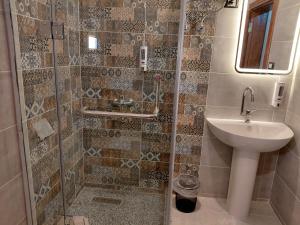 a bathroom with a shower and a sink at Amon guest house in Abu Simbel