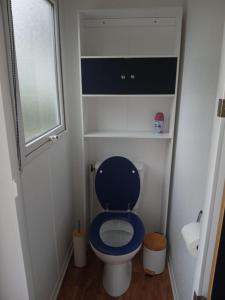 a small bathroom with a blue toilet with a window at Escapade aux Peupliers in Vironchaux +6 photos