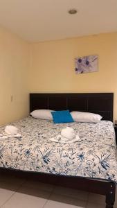 a bed with two pillows on top of it at Hotel Boutique Los Laureles in Tuxtla Gutiérrez