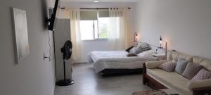 a bedroom with a bed and a couch and a window at Ambar Estudio in Miramar