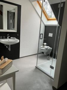 a bathroom with a glass shower and a sink at Biohotel Schönhagener Mühle in Pritzwalk +53 photos