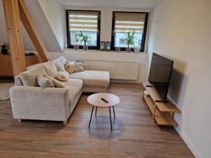 ein Wohnzimmer mit Sofa und Fernseher in der Unterkunft Panoramablick Eitelborn in Eitelborn