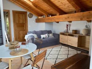 a living room with a blue couch and a table at Beautiful chalet accommodation with covered parking in Cianfuran