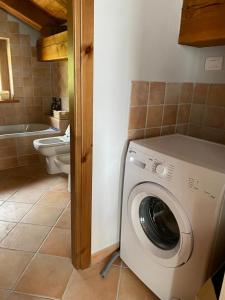 a washing machine in a bathroom with a toilet at Beautiful chalet accommodation with covered parking in Cianfuran