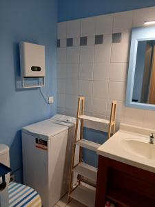 a small bathroom with a sink and a refrigerator at Appartement Carcans Maubuisson in Carcans +8 photos