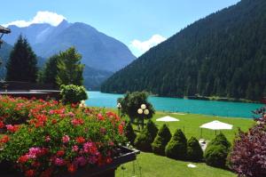 a view of a lake and mountains with flowers at Hotel Panoramic in Auronzo di Cadore