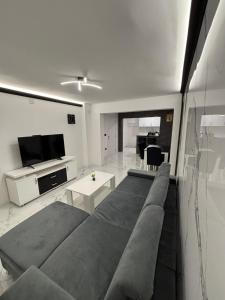 a living room with a large couch and a tv at Apartman Miljanic in Vlasenica
