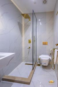 a bathroom with a shower and a toilet at Solis Pyramids View Hotel in Cairo +112 photos