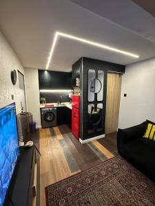 a living room with a couch and a tv and a kitchen at The Hive Apartments - The Forge Unit in Lagos