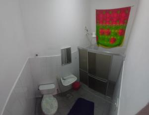 a small bathroom with a toilet and a painting on the wall at Rio Private Budget Suite & Easy Transport Access in Rio de Janeiro