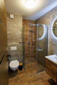 a bathroom with a shower with a toilet and a sink at Tilia Lux Wellnes &Spa in Čačak +42 photos