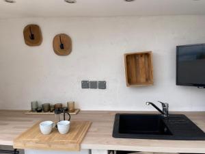 a kitchen counter with a sink and a tv at la terrasse in Marseillan