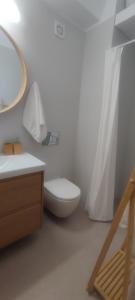 a bathroom with a toilet and a sink and a mirror at Casa Oliva in Ermoupoli +1 photo