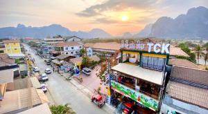an overhead view of a street in a city at Vang Vieng Freedom View Hostel in Ban Khouaphan