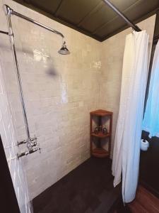 a bathroom with a shower with a shower curtain at Campo Carnelian in Carnelian Bay +26 photos