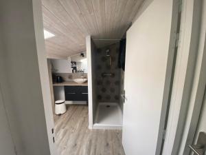 a bathroom with a shower in the middle of a room at Chez Isabelle et Johann in Angliers