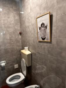 a bathroom with a toilet and a picture on the wall at Casa do Alto da Torre in Abrantes +8 photos