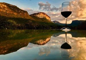 ein Glas Wein auf einem See in der Unterkunft Pousada do Capão Chapada Diamantina in Vale do Capao