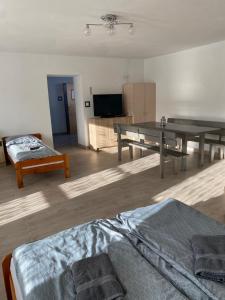 a living room with a ping pong table and a couch at Domek Ranczo in Mochnaczka Wyżna +6 photos
