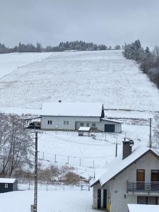 a house in a snowy field with a snow covered field at Domek Ranczo in Mochnaczka Wyżna