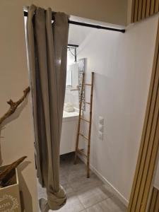 a bathroom with a shower curtain in a room at Harmonie in Blésignac