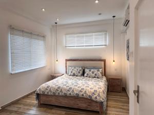 a bedroom with a bed and two windows at Villa Auxesiaa in Wattala