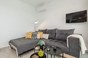 a living room with a gray couch and a tv at Villa Anatoli in Achlia
