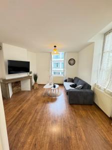 a living room with a couch and a television at Le Nid Bressan in Bourg-en-Bresse