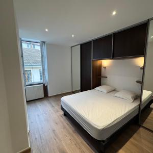 a bedroom with a large bed and a large window at Le Nid Bressan in Bourg-en-Bresse