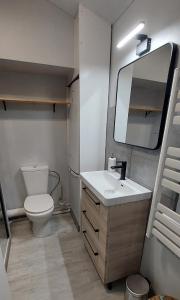 a bathroom with a toilet and a sink and a mirror at F2 - Zen & Cozy in Épinal